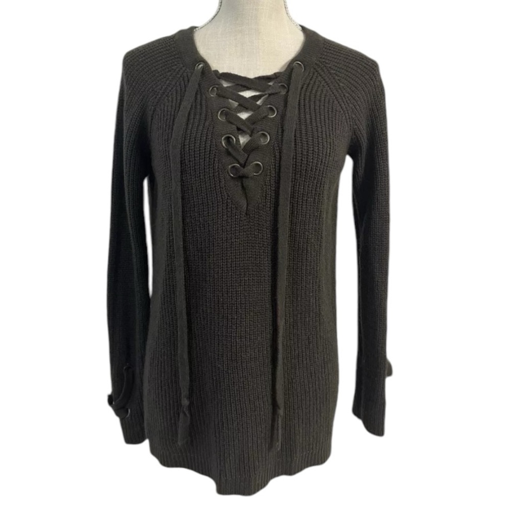 JJ Boutique Sweater Womens Knit lace up Olive Green Size SMALL Sleeve Detail